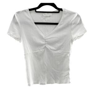 Wild Skye White Ribbed Ruched Coquette Dainty Short Sleeve Shirt Size Medium